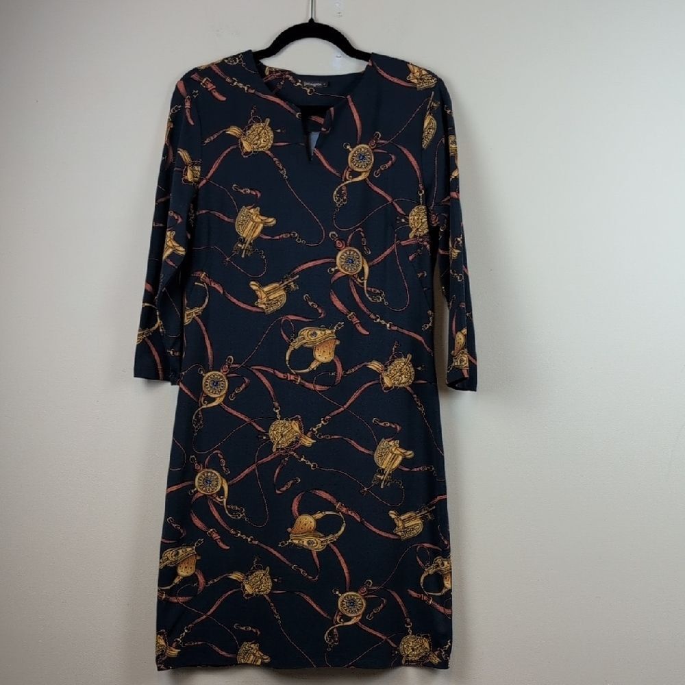 J. McLaughlin Carly Dress 3/4 Sleeves Navy Blue Equestrian Print Dress Size L